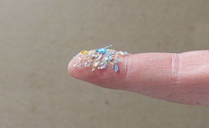 Tiny plastic particles of a range of colours sit atop a fingertip